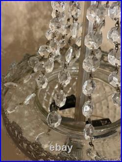 Vintage MCM Swag Lamp-Brass & Cut Crystal Globe/Hanging Strands Cut Glass Prisms
