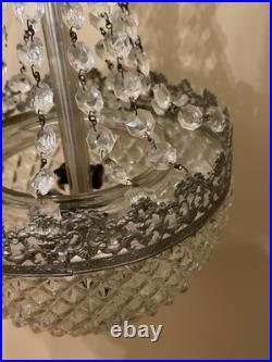 Vintage MCM Swag Lamp-Brass & Cut Crystal Globe/Hanging Strands Cut Glass Prisms