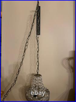 Vintage MCM Swag Lamp-Brass & Cut Crystal Globe/Hanging Strands Cut Glass Prisms