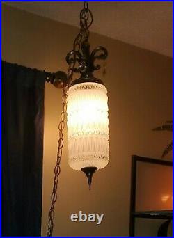 Vintage MCM Swag Lamp Hollywood Regency Pressed Glass Hanging Light Chain Cord