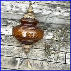Vintage MCM Swag Lamp Orange Amber Gold Glass Globe Chain Ornate Large Heavy