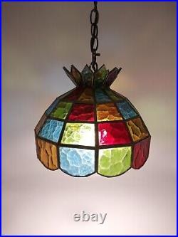 Vintage MCM Swag Lamp Textured Stained Glass Hanging Shade Multi Colored Bar