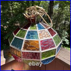 Vintage MCM Swag Lamp Textured Stained Glass Hanging Shade Multi Colored Bar 15