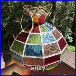 Vintage MCM Swag Lamp Textured Stained Glass Hanging Shade Multi Colored Bar 15