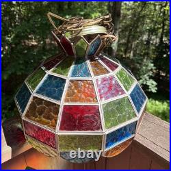 Vintage MCM Swag Lamp Textured Stained Glass Hanging Shade Multi Colored Bar 15