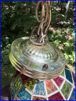 Vintage MCM Swag Lamp Textured Stained Glass Hanging Shade Multi Colored Bar 15