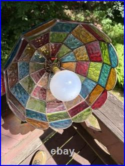 Vintage MCM Swag Lamp Textured Stained Glass Hanging Shade Multi Colored Bar 15