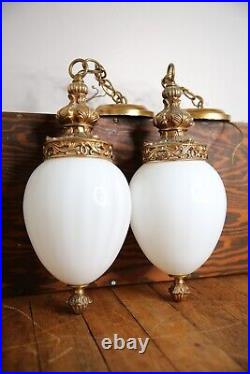 Vintage MCM Swag Light Lamp Hanging Pendant glass globe shade lights pair 2