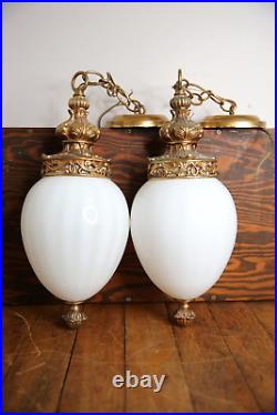 Vintage MCM Swag Light Lamp Hanging Pendant glass globe shade lights pair 2