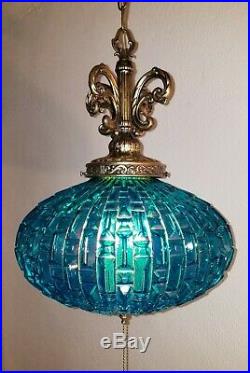 Vintage MCM UFO Turquoise Blue Saphiret Prism Glass Hanging Swag Lamp