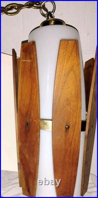 Vintage MCM Virden Walnut Danish Style Hanging Lamp Wood Light Fixture 2pc Swag