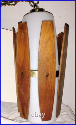 Vintage MCM Virden Walnut Danish Style Hanging Lamp Wood Light Fixture 2pc Swag