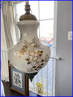 Vintage MCM White and Gold Opalescent Large Swag Lamp
