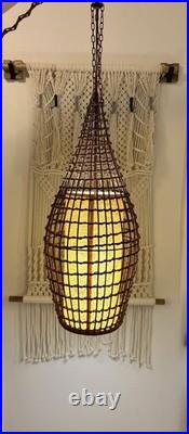 Vintage MCM Wicker Hanging Latern Light Fixture