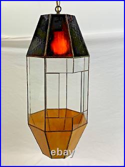 Vintage MCM YellowithBrown Stained Slag Glass Terrarium Swag Hanging Lamp 21