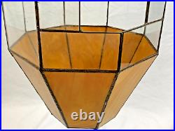 Vintage MCM YellowithBrown Stained Slag Glass Terrarium Swag Hanging Lamp 21