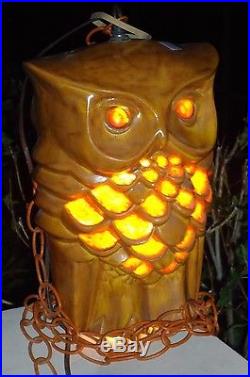 Vintage MID CENTURY 12 CERAMIC OWL HANGING SWAG LAMP LIGHT with Glass Panels