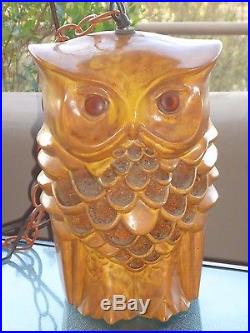 Vintage MID CENTURY 12 CERAMIC OWL HANGING SWAG LAMP LIGHT with Glass Panels