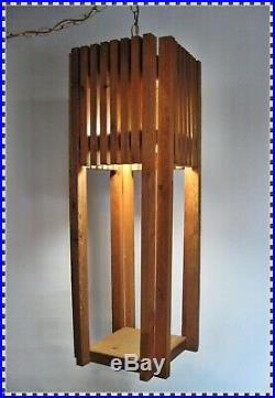 Vintage MID CENTURY 70's Wood Slats Large Hanging Chain Swag Lamp Light