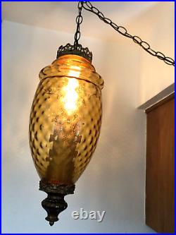 Vintage MID-CENTURY Boho OPTIC Glass SWAG LAMP Pendant AMBER Hanging MCM LIGHT