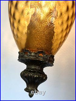 Vintage MID-CENTURY Boho OPTIC Glass SWAG LAMP Pendant AMBER Hanging MCM LIGHT