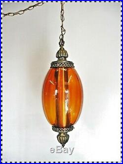 Vintage MID CENTURY MODERN Op Art Dark Amber Glass Hanging Swag Lamp Light