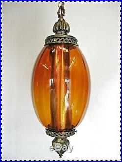 Vintage MID CENTURY MODERN Op Art Dark Amber Glass Hanging Swag Lamp Light