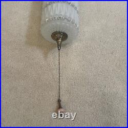Vintage MID-CENTURY Modern Clear/Frost Glass Hanging Lamp w Crystals, Pull Cord