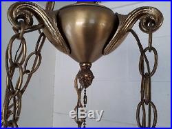 Vintage MID CENTURY RETRO Tiered Brass 3 CRACKLE GLASS GLOBES Hanging Lamp Light