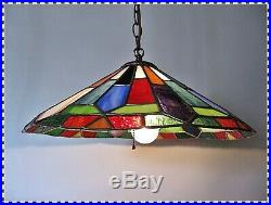 Vintage MID CENTURY Tiffany Style Leaded Glass Large Hanging Swag Lamp Light