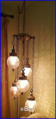 Vintage MID Century 5 Light Amber Crackle Glass Hanging Swag Lamp 1960's