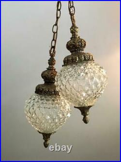Vintage MID Century Double Pineapple Cut Glass Chandelier Swag Hanging Lamp Pair
