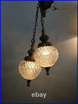 Vintage MID Century Double Pineapple Cut Glass Chandelier Swag Hanging Lamp Pair