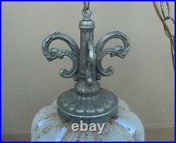 Vintage MID Century Etched Glass Hanging Swag Pull Chain Lamp