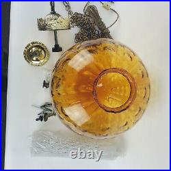 Vintage MID Century Hanging Swag Lamp Amber Dimpled Glass With Box