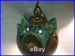 Vintage MID Century Set Of 2 Hanging Ceramic Lamps Bronze Green Blue Unique Rare