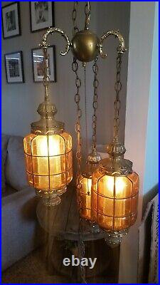 Vintage MID Century Swag Hanging Amber Glass 3 Globes Light Lamp + Chain Plug