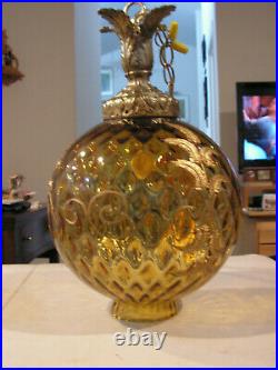 Vintage MID Century Swag Hanging Amber Round Glass Globe Light Lamp + Chain