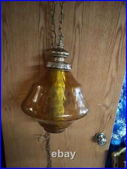Vintage MID Century Swag Hanging Amber Spinning Top Glass Globe Light Lamp