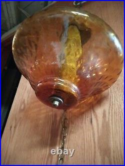 Vintage MID Century Swag Hanging Amber Spinning Top Glass Globe Light Lamp