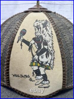 Vintage Mcm White Buffalo Native American Leather Hanging Lamp Light With Chain