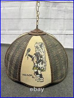 Vintage Mcm White Buffalo Native American Leather Hanging Lamp Light With Chain