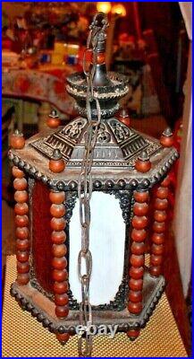 Vintage Medieval Gothic Hanging Chandelier Lamp Light Metal Wood Slag Glass