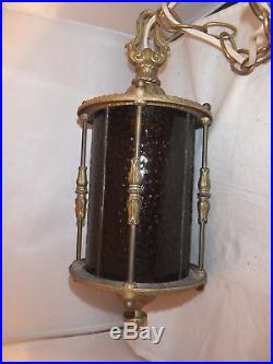 Vintage Medieval Gothic Hanging Swag Lamp Light Amber leaded Glass