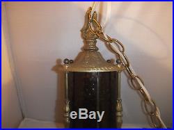 Vintage Medieval Gothic Hanging Swag Lamp Light Amber leaded Glass