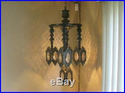 Vintage Mediterranean Style Hanging Lamp, Brass & Wood Five light, Swag