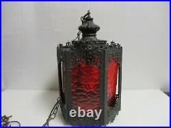 Vintage Metal/Plastic Hanging Swag Chain Lamp Light Pendant Mid Century Red