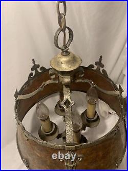 Vintage Mica Shade Hanging Lamp Hand Hammered Arts Crafts Light