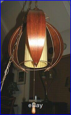 Vintage Mid Century 14 Hanging Swag Light Lamp Teak Wood Danish Modern