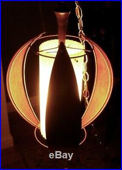 Vintage Mid Century 14 Hanging Swag Light Lamp Teak Wood Danish Modern
